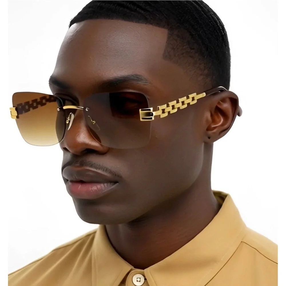 Men Sunglasses Square Gold Metal Frame Brown Lens Hip Hop Street‎ Shades Classic